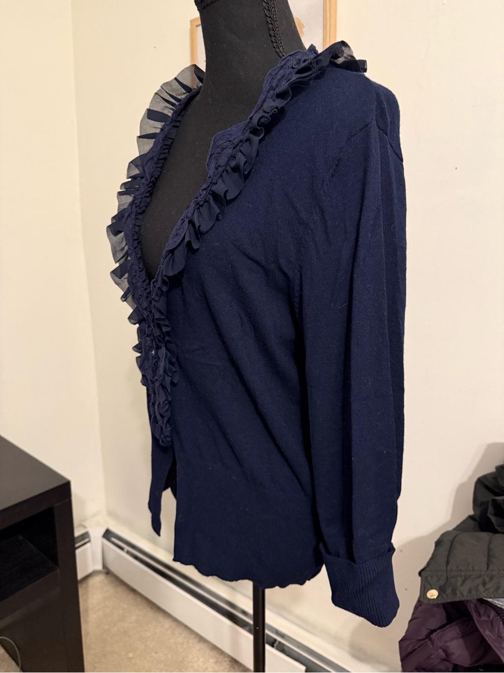 Coldwater Creek L Navy Ruffle Trim Cardigan Made in Japan